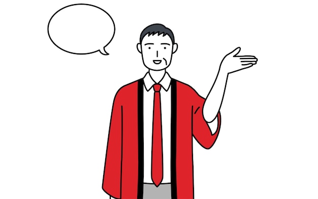 Senior man wearing a red happi coat giving directions with a wipeout
