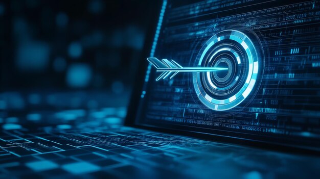 SEO optimization concept in futuristic geometry style Abstract digital target arrow in bullseye on a computer monitor screen Growth chart on blue technology background Low poly Generative AI