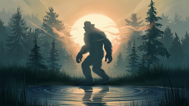 Serene Encounter Bigfoot by the Forest Pond