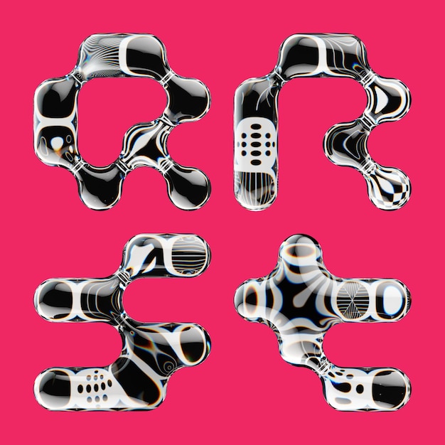 Set of 3d rendered font with abstract geometric shape and graphic pattern fill