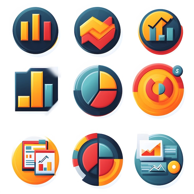 set of icons illustrating analysis with visuals of performance charts data tables and trend graphs includes images of statistical analysis data insights and report summaries for business and