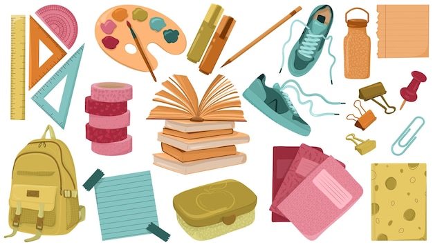 set of school icons includes a backpack notebooks a stack of books a paint palette with brushes