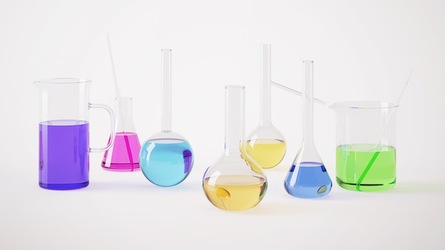 Set of transparent glass laboratory flasks. 3D rendering.
