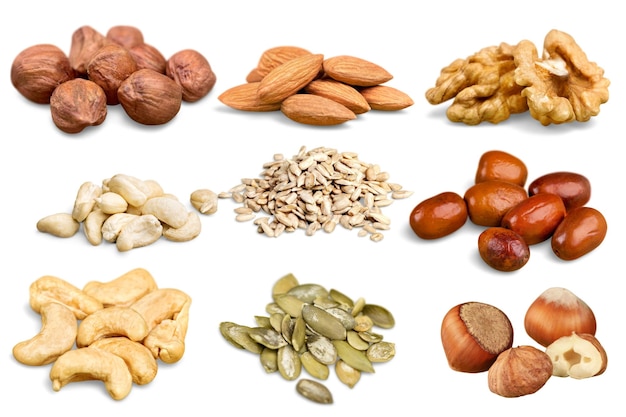 set of various nuts isolated on the white background.