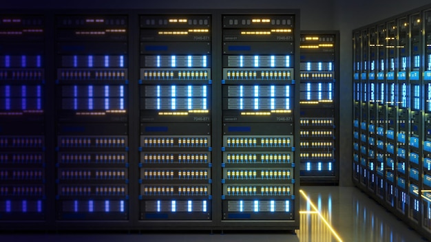 Shot of Data Center With Multiple Rows of Fully Operational Server Racks Modern Telecommunications Artificial Intelligenceserver roomserver room3d rendering