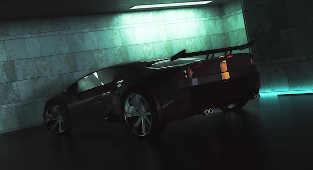 Side view of stylish black sportscar inside grunge garage Race concept 3D Rendering
