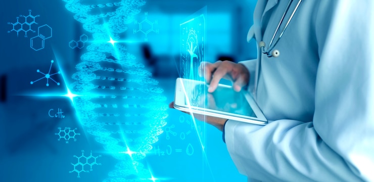 Foto side view scientist holding tablet