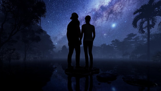 Silhouette people standing by trees against sky at night