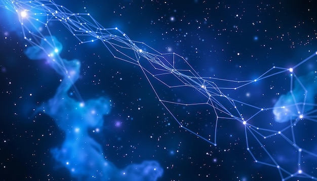 Silken threads stretch across a nebula each thread glowing faintly with iridescent colors
