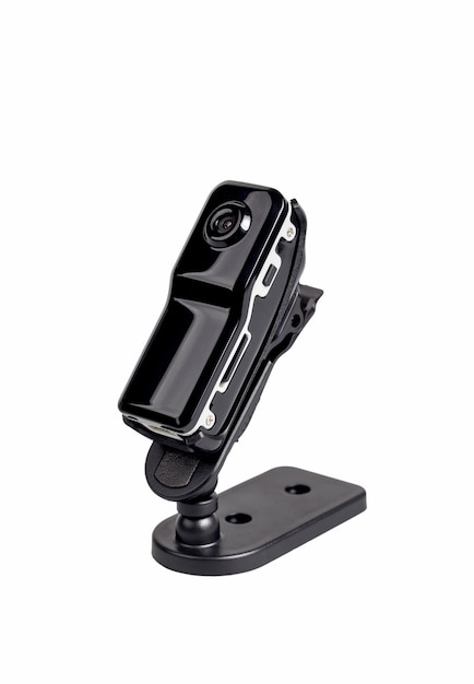 Small black action camera, video recorder. Isolated on white background.