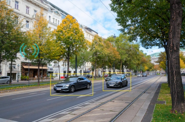 smart city traffic management aicontrolled system monitors vehicle speed emissions and traffic flow on a green urban street optimizing safety and sustainability