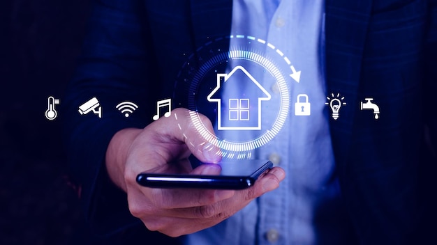 smart home technology user touches virtual screen manage smart home features including security lighting temperature smart home and iot concept
