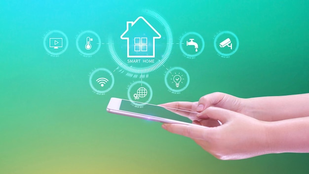 smart home technology user touches virtual screen on smartphone manage smart home features including security lighting temperature smart home and iot concept