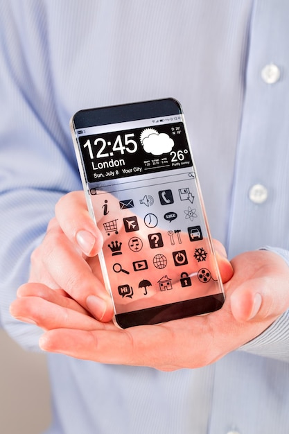 smartphone (phablet) with a transparent display in human hands. concept actual future innovative ideas and best technologies humanity.