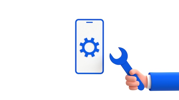 Smartphone repair concept Cell phone with gear and human hand with a wrench. 3d render illustration