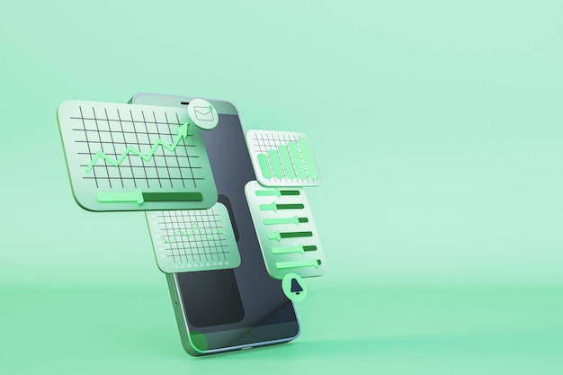 smartphone with business charts on green backdrop data software and web development concept 3d rendering