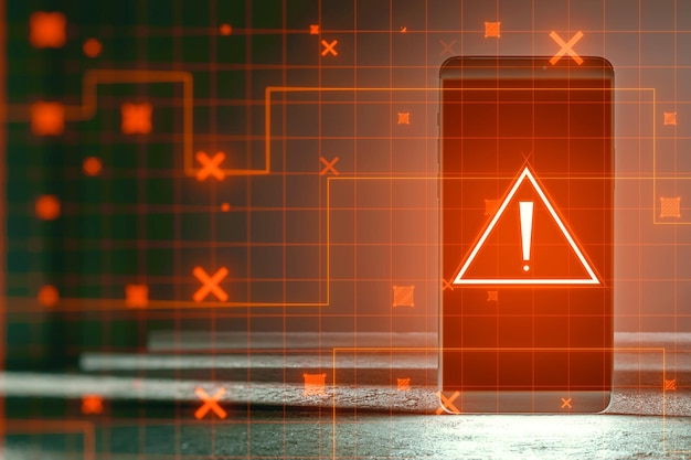 Smartphone with creative red security alert on blurry background Fraud and danger concept 3D Rendering