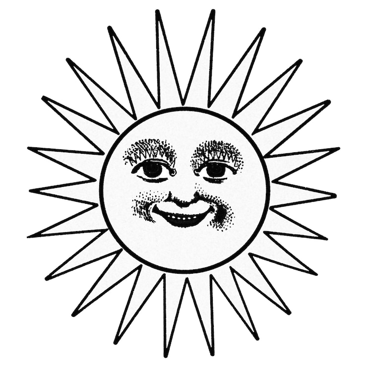Foto smiling celestial sun face with ray line art in black and white design element
