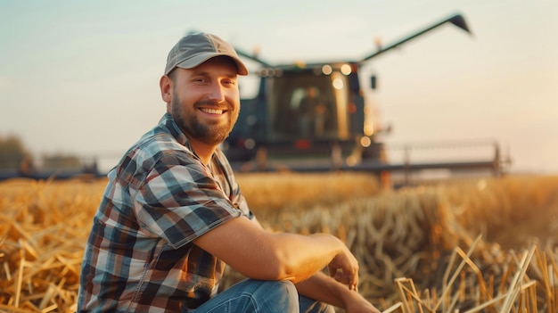 Smiling farmer overseeing fall harvest in a golden field