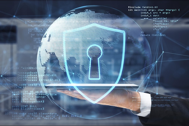 Social global network and cyber security concept with blue guard shield and world map globe on man hand with digital tablet background double exposure