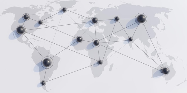 Social media networking black spheres linked with line on grey map background Above view 3d render
