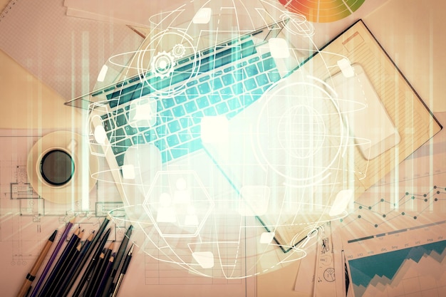 social network hologram drawings over computer on the desktop background top view multi exposure concept of people connection