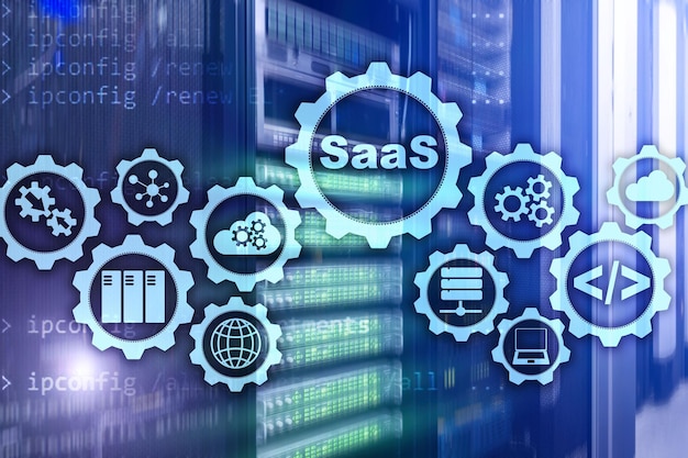 Software as a Service SaaS Software concept Modern technology model on a virtual screen server room background Software On Demand