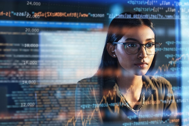 Software coding hologram and woman in data analytics information technology and gdpr overlay Programmer or IT person in glasses reading script programming and cybersecurity research on computer
