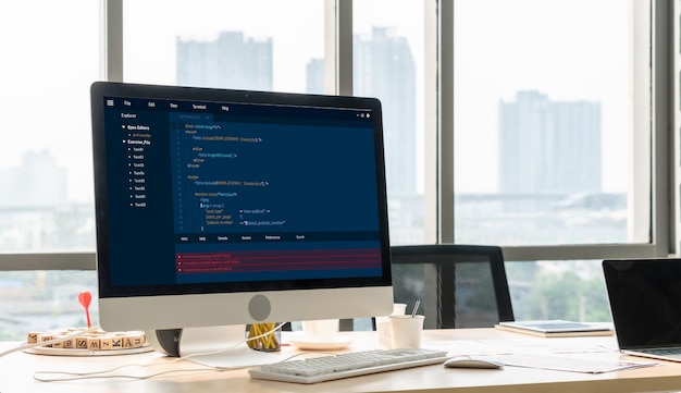 Software development programming on computer screen for modish application