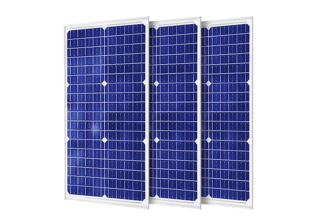 Solar panels in solar farm with sun lighting to create the clean electric power