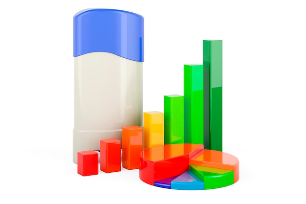 Solid AntiPerspirant Deodorant Deodorant Stick with growth bar graph and pie chart 3D rendering isolated on white background