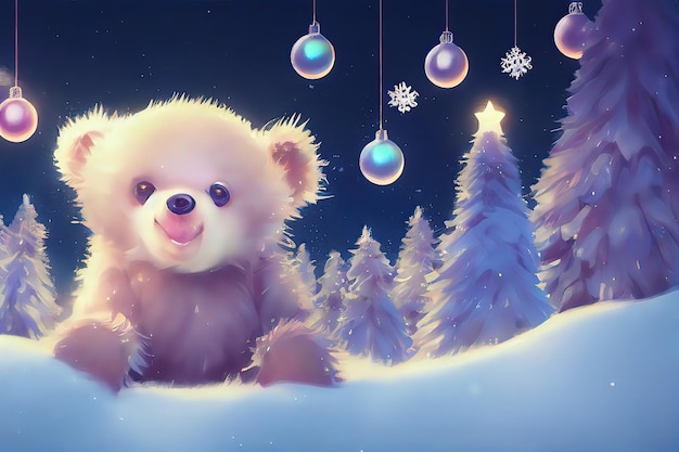 Søt bjørn i vinterskog. Bedårende liten bjørn i julestil. Juleferie bakgrunn digital kunst stil illustrasjonsmaleri