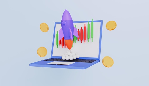 Spaceship rocket rising moving up with Stock market graph chart on laptop Business startup