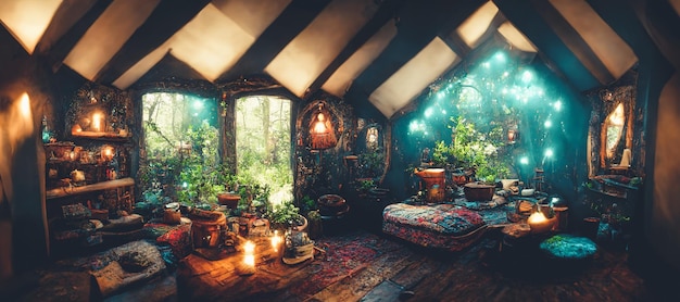 Spectacular interior of a fantasy medieval cottage Digital art 3D illustration