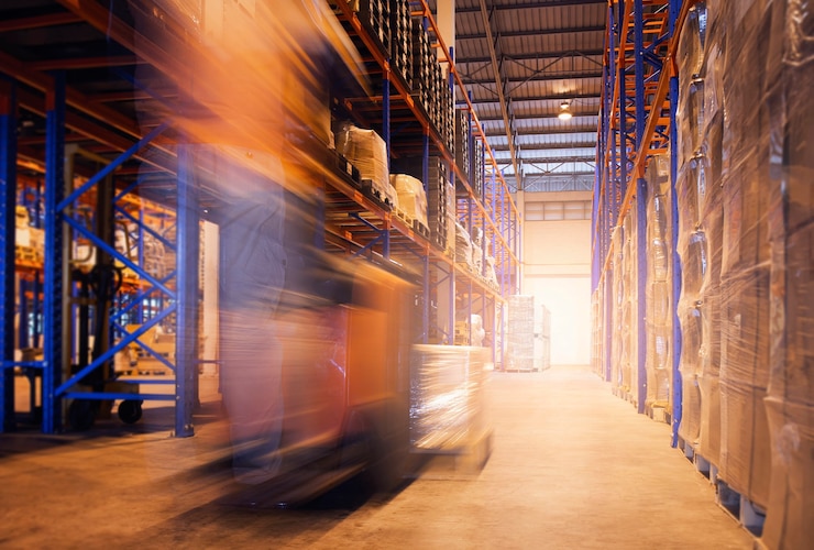 Foto speed motion blur of forklift driver unloading package boxes at the storage warehouse