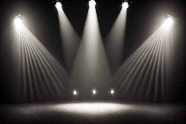 spotlights illuminate empty stage with dark background