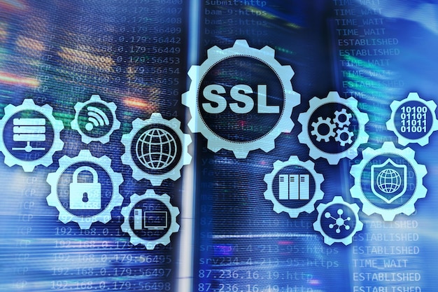 SSL Secure Sockets Layer concept Cryptographic protocols provide secured communications Server room background
