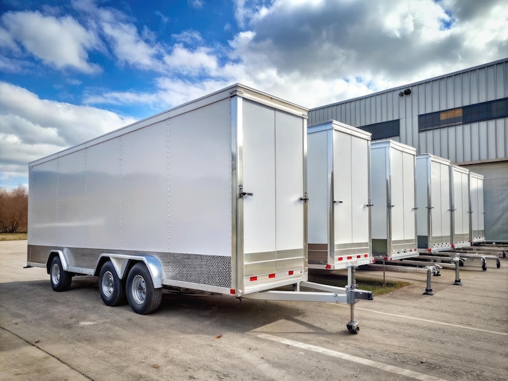 Foto standard scale enclosed trailers parked outside building generative ai