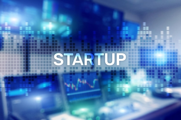 Startup concept with double exposure diagrams blurred background
