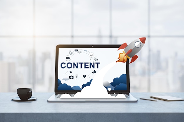 Startup concept with rocket on laptop screen 3D Rendering