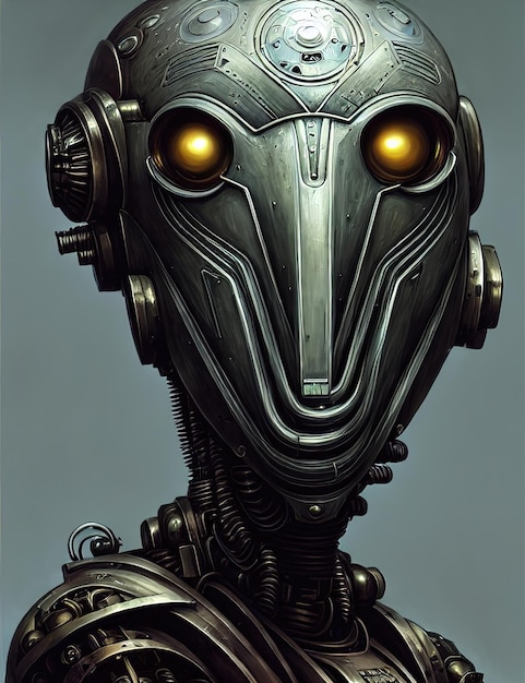 Steampunk-portrett av en robotcyborg med gassmaske i en cyberpunk-maske. En stålhjelm på hodet hans med glødende øyne av en steampunk humanoid gassmaske 3D-illustrasjon