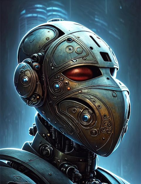 Steampunk-portrett av en robotcyborg med gassmaske i en cyberpunk-maske. En stålhjelm på hodet hans med glødende øyne av en steampunk humanoid gassmaske 3D-illustrasjon
