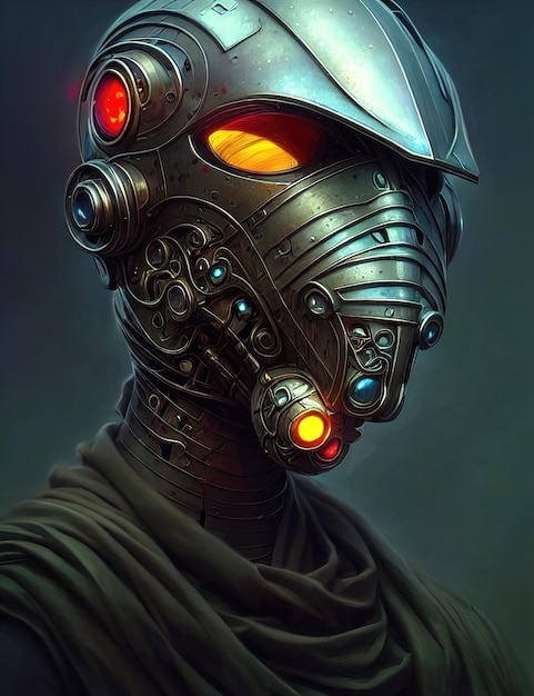 Steampunk-portrett av en robotcyborg med gassmaske i en cyberpunk-maske. En stålhjelm på hodet hans med glødende øyne av en steampunk humanoid gassmaske 3D-illustrasjon