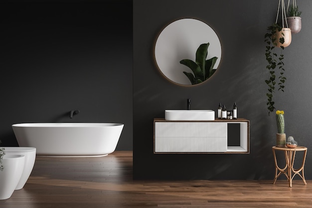 Stilig mørkt baderomsinteriør med svarte vegger, hvit vask med ovalt speil, badekar, dusj, planter og mørkt parkettgulv. Minimalistisk koselig bad med moderne møbler 3D-gjengivelse