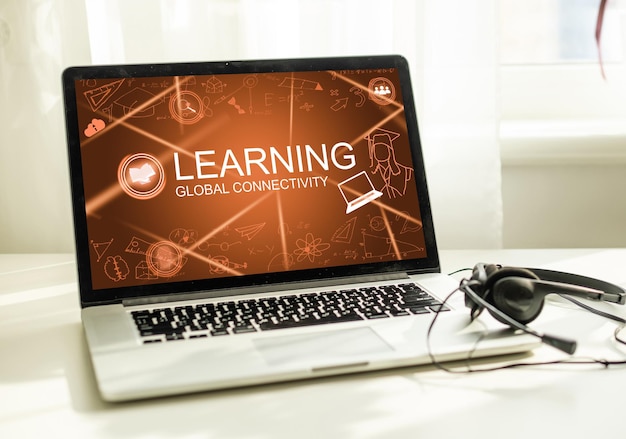 student connecting online with a laptop and university icons: e-learning and graduation concept.