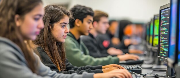students coding on computers in a classroom setting