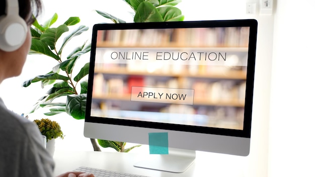 Study online class Man hand  tying computer keyboard Adult male student learning online