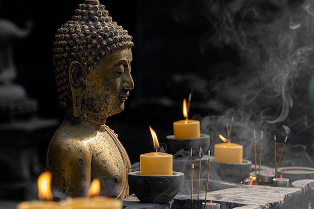 Stunning Buddha statue in golden color with incense and candles soft shadows on dark background