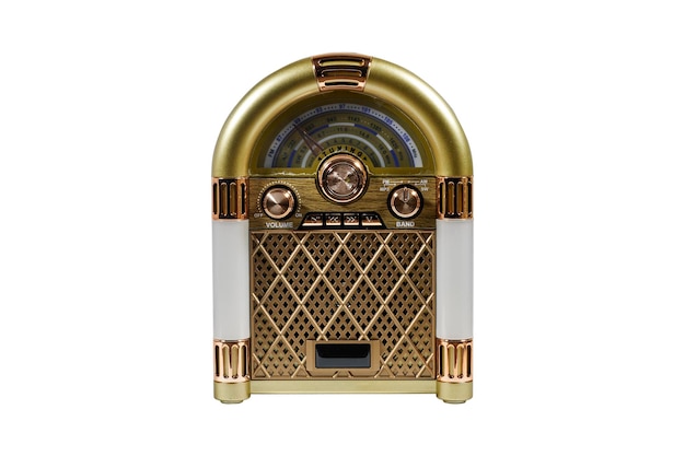 stylish retro radio player stands isolated on white background