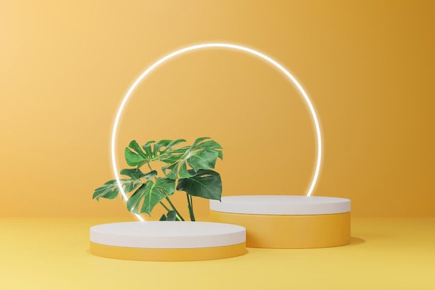 Summer cosmetic products stand with green leaf geometric platforms 3D summer product background showing a pedestal scene 3D rendering background with podium Stage on 3D pink summer display podium